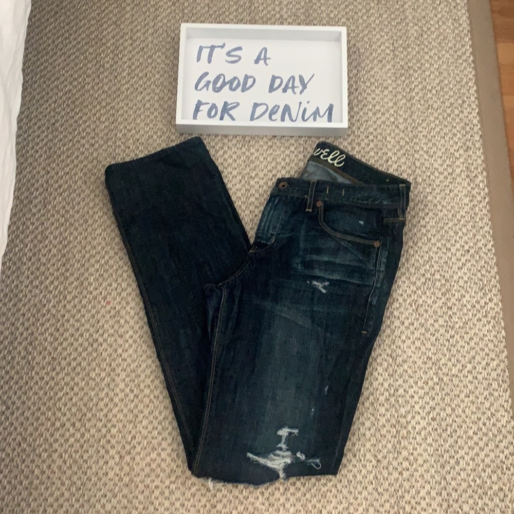 MADEWELL Distressed Rail Straight Denim Jeans Dark Indigo Whiskering 31